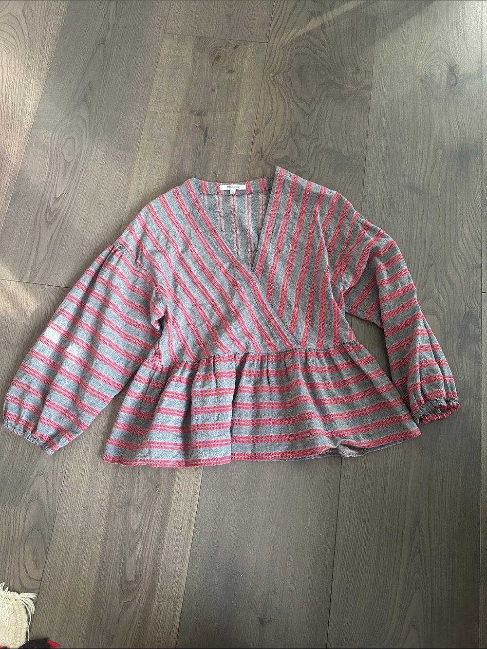 Madewell Gray & Pink Striped Wrap Peplum Tunic